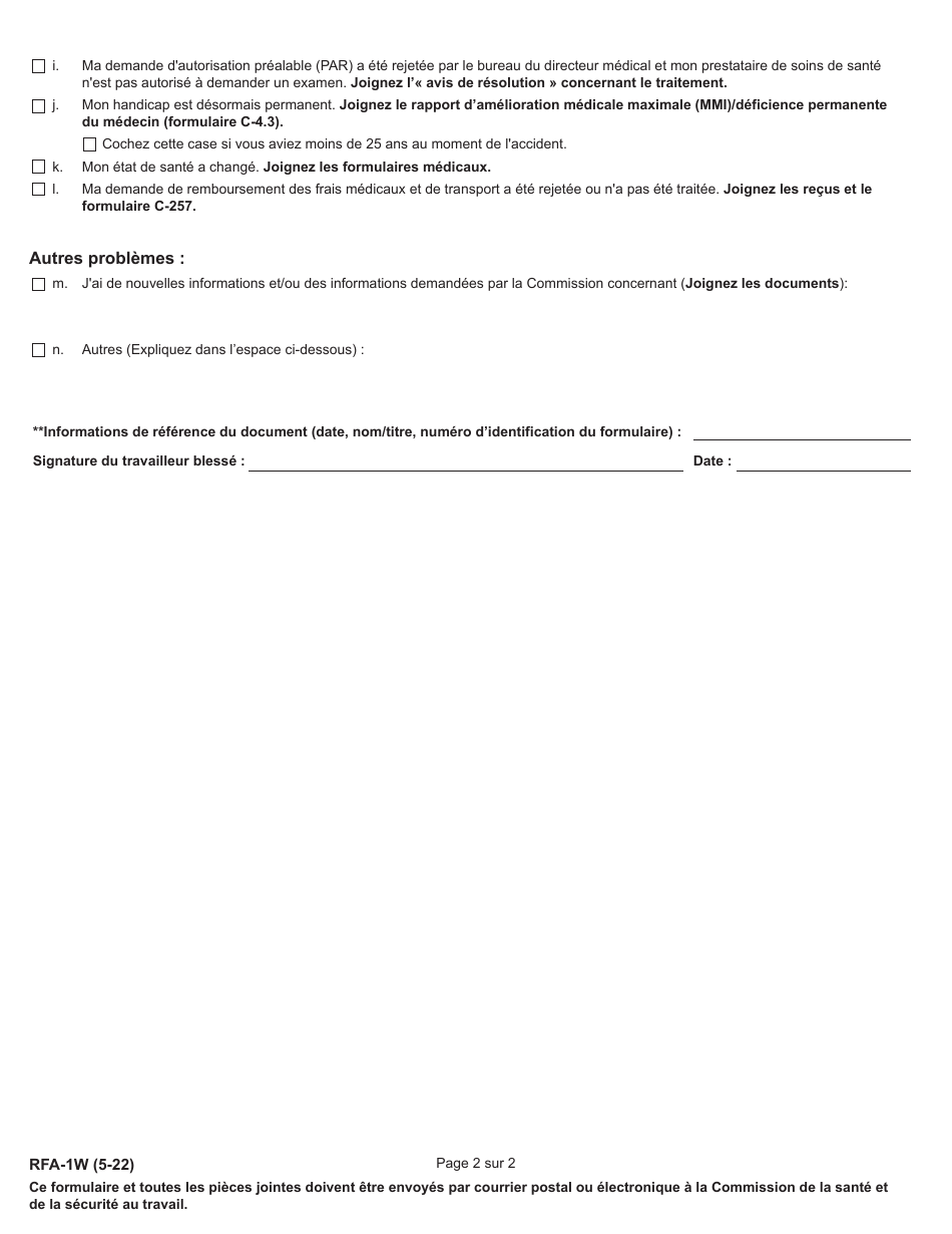 Form RFA-1W Request for Assistance by Injured Worker - New York (French), Page 2