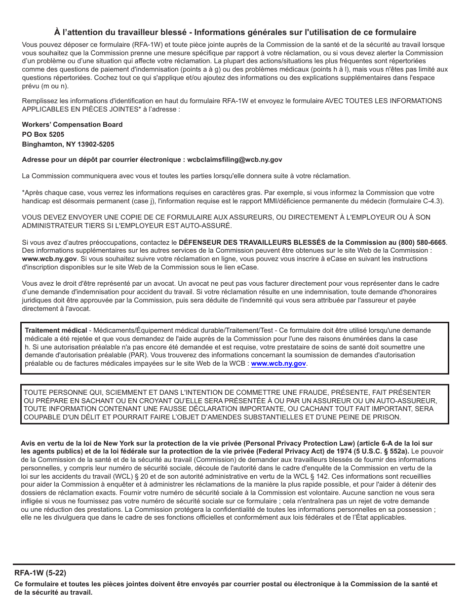Form RFA-1W Request for Assistance by Injured Worker - New York (French), Page 3