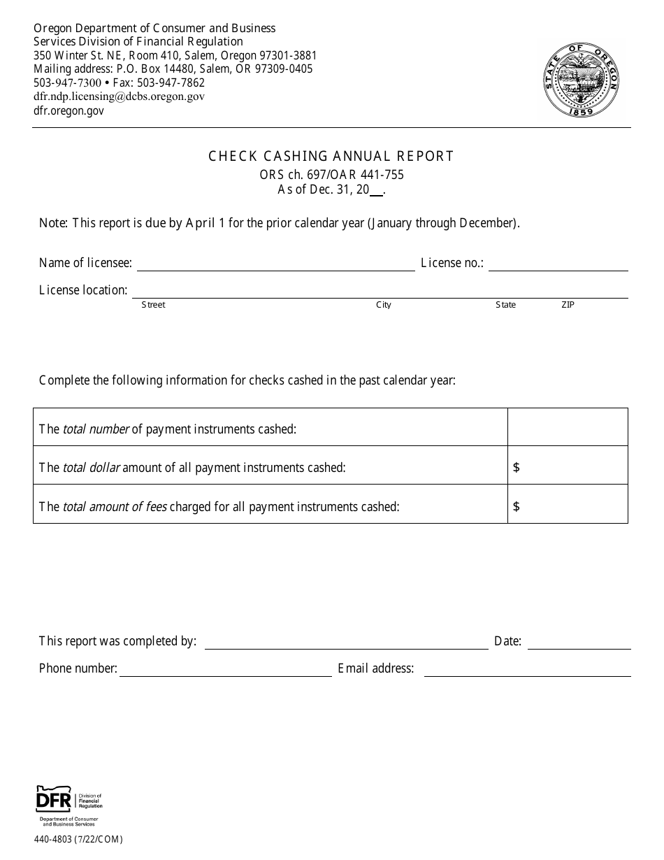 Form 440-4803 Check Cashing Annual Report - Oregon, Page 1