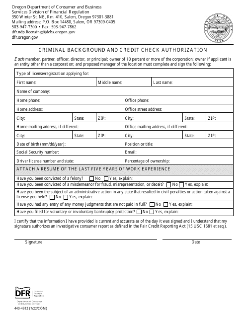 Form 440-4912 Criminal Background and Credit Check Authorization - Oregon