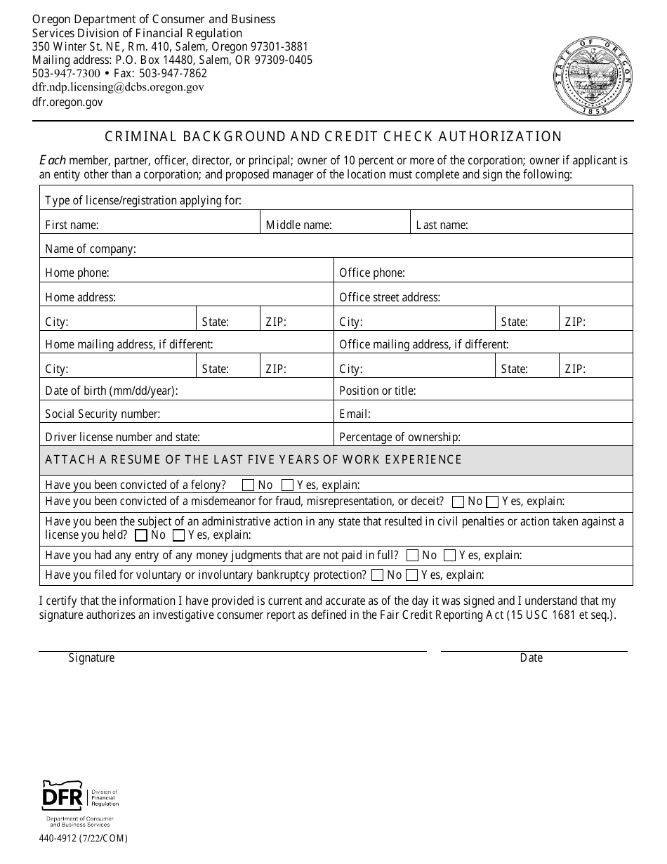 Form 440-4912 Criminal Background and Credit Check Authorization - Oregon, Page 1