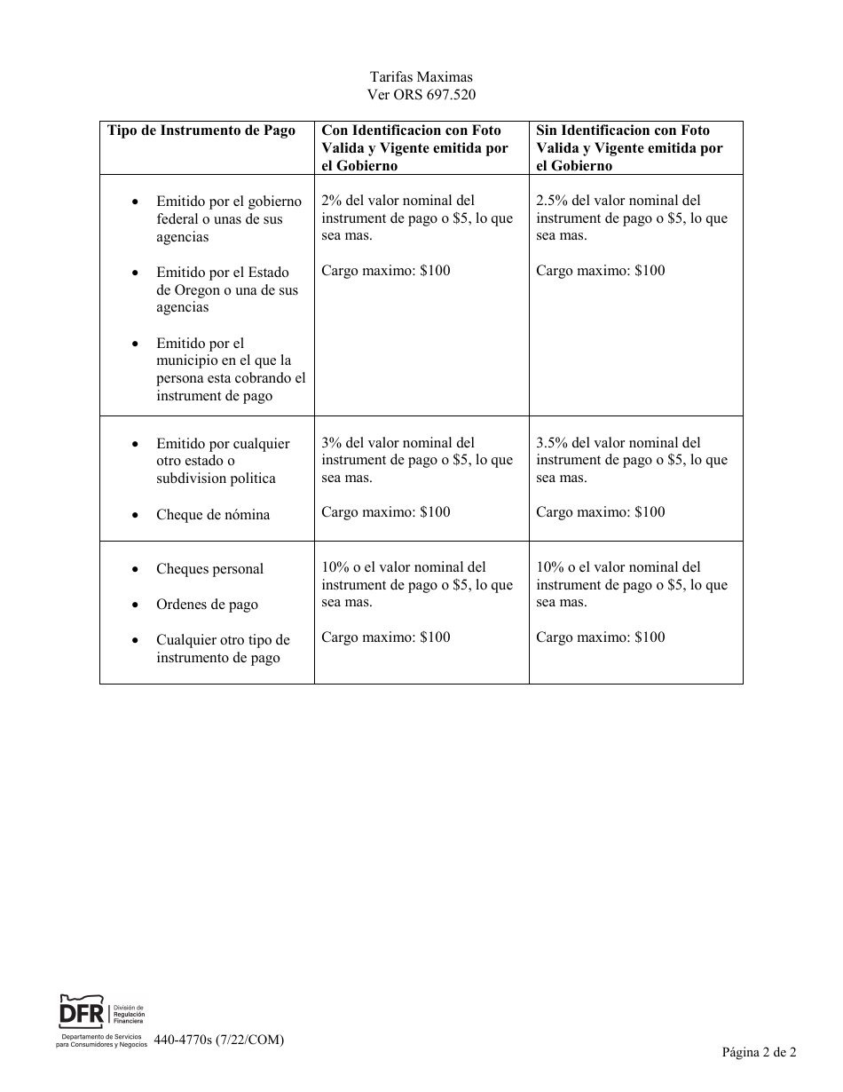 Formulario 440-4770S Negocio De Cambio De Cheques - Solicitud Para Ubicacion Adicional - Oregon (Spanish), Page 2