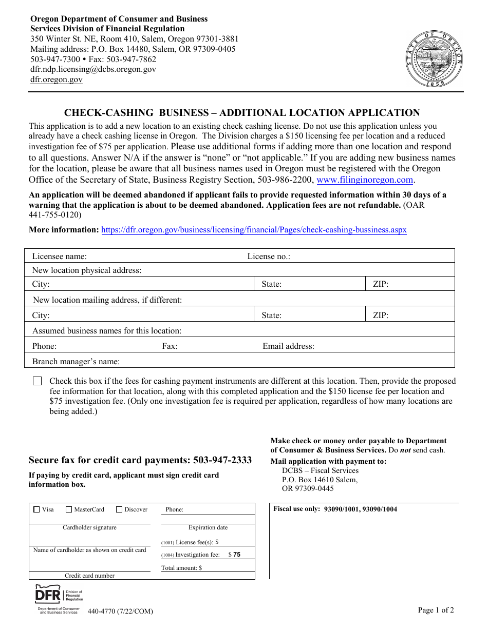 Form 440-4770 Check-Cashing Business - Additional Location Application - Oregon, Page 1