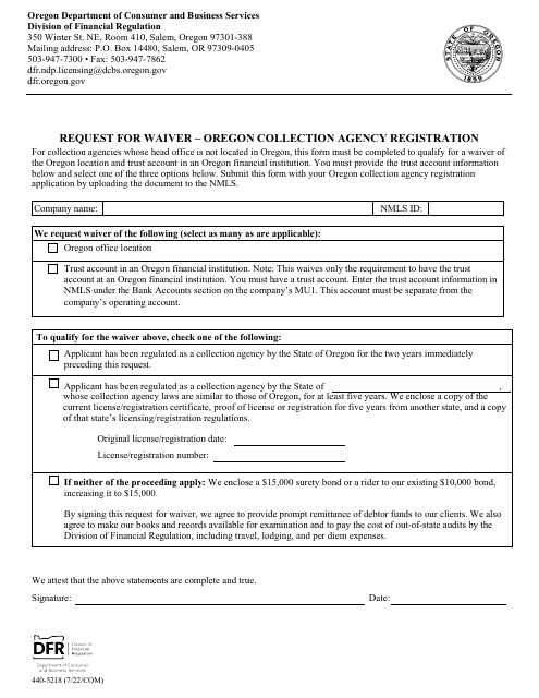 Form 440-5218 Request for Waiver - Oregon Collection Agency Registration - Oregon