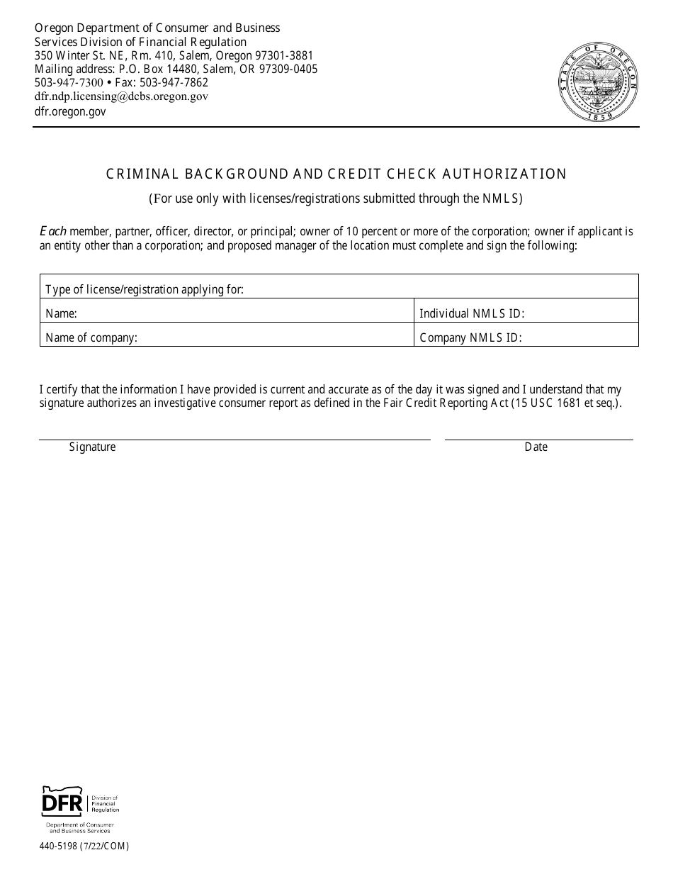 Form 440-5198 Criminal Background and Credit Check Authorization - Oregon, Page 1