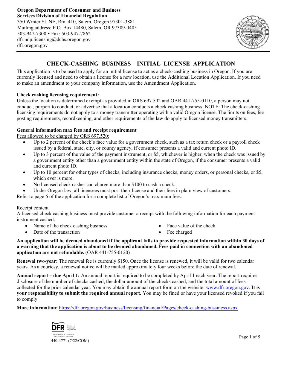 Form 440-4771 Check-Cashing Business - Initial License Application - Oregon, Page 1
