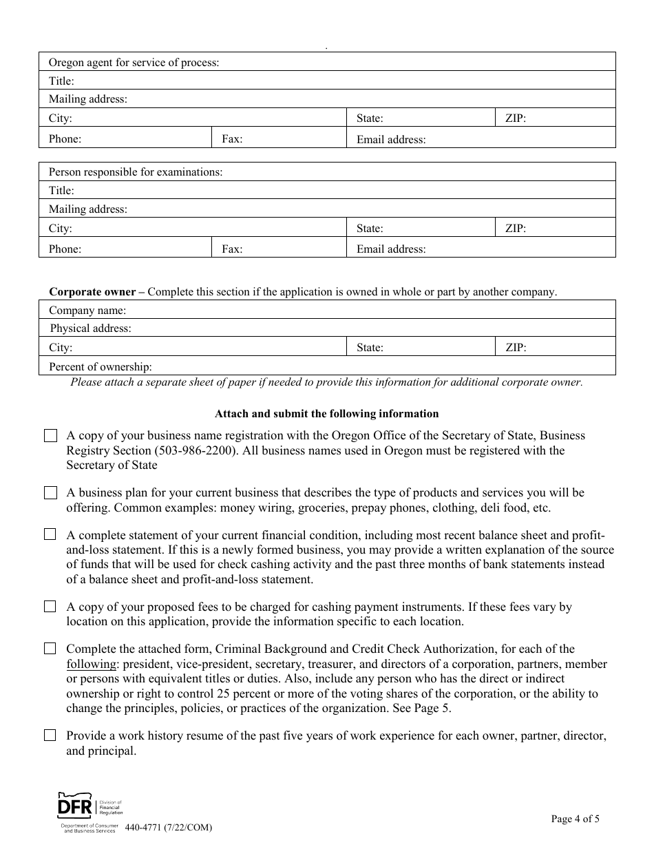 Form 440-4771 Check-Cashing Business - Initial License Application - Oregon, Page 4