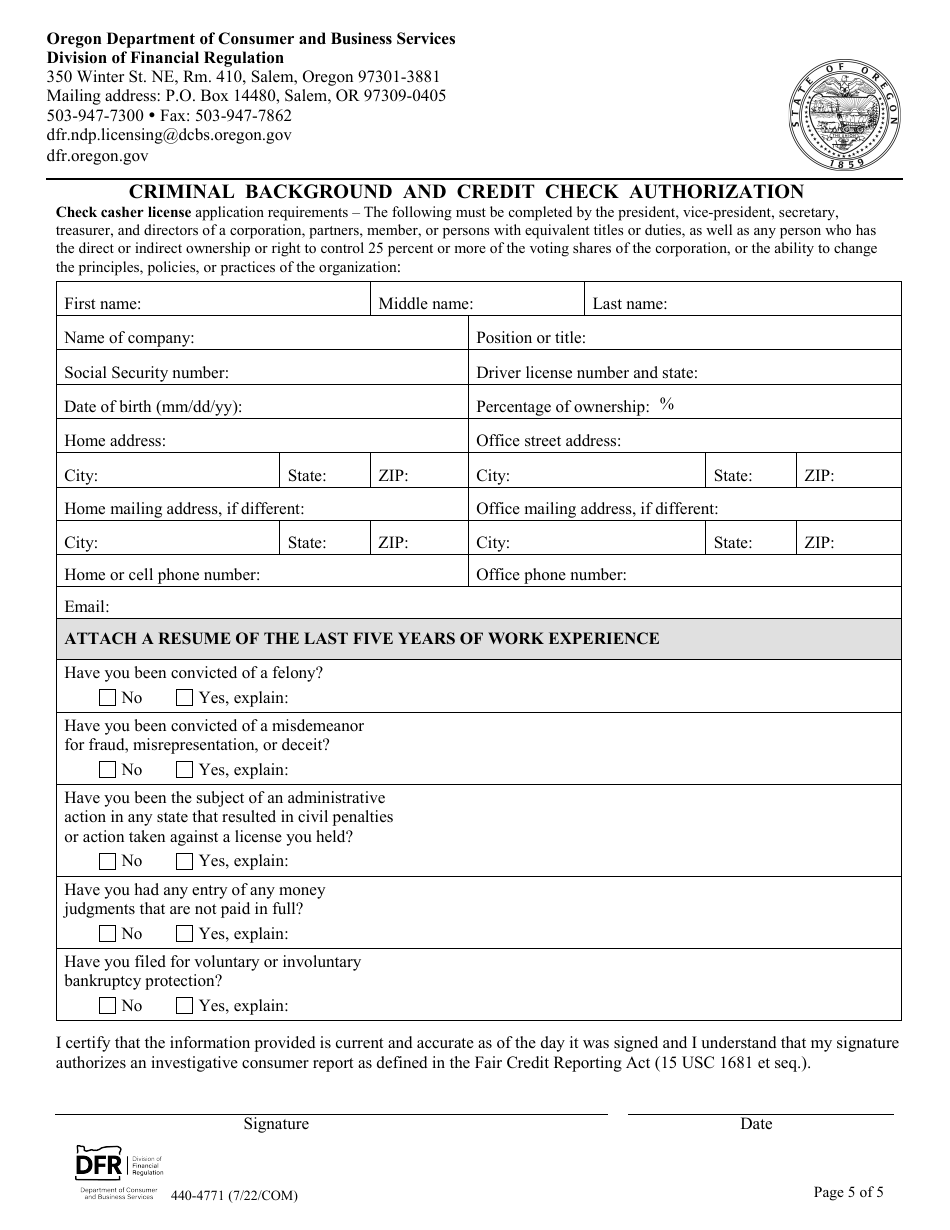 Form 440-4771 Check-Cashing Business - Initial License Application - Oregon, Page 5