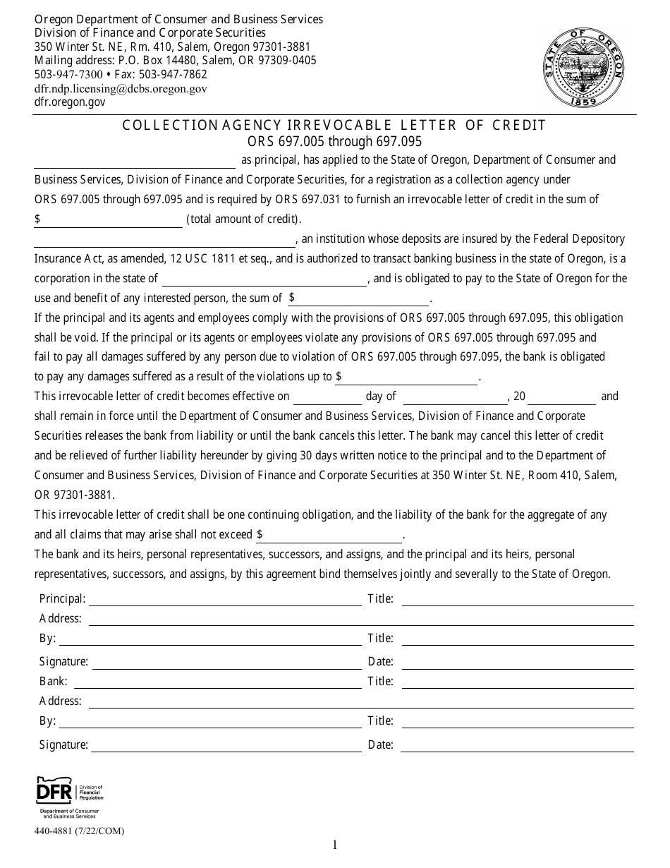 Form 440-4881 Collection Agency Irrevocable Letter of Credit - Oregon, Page 1
