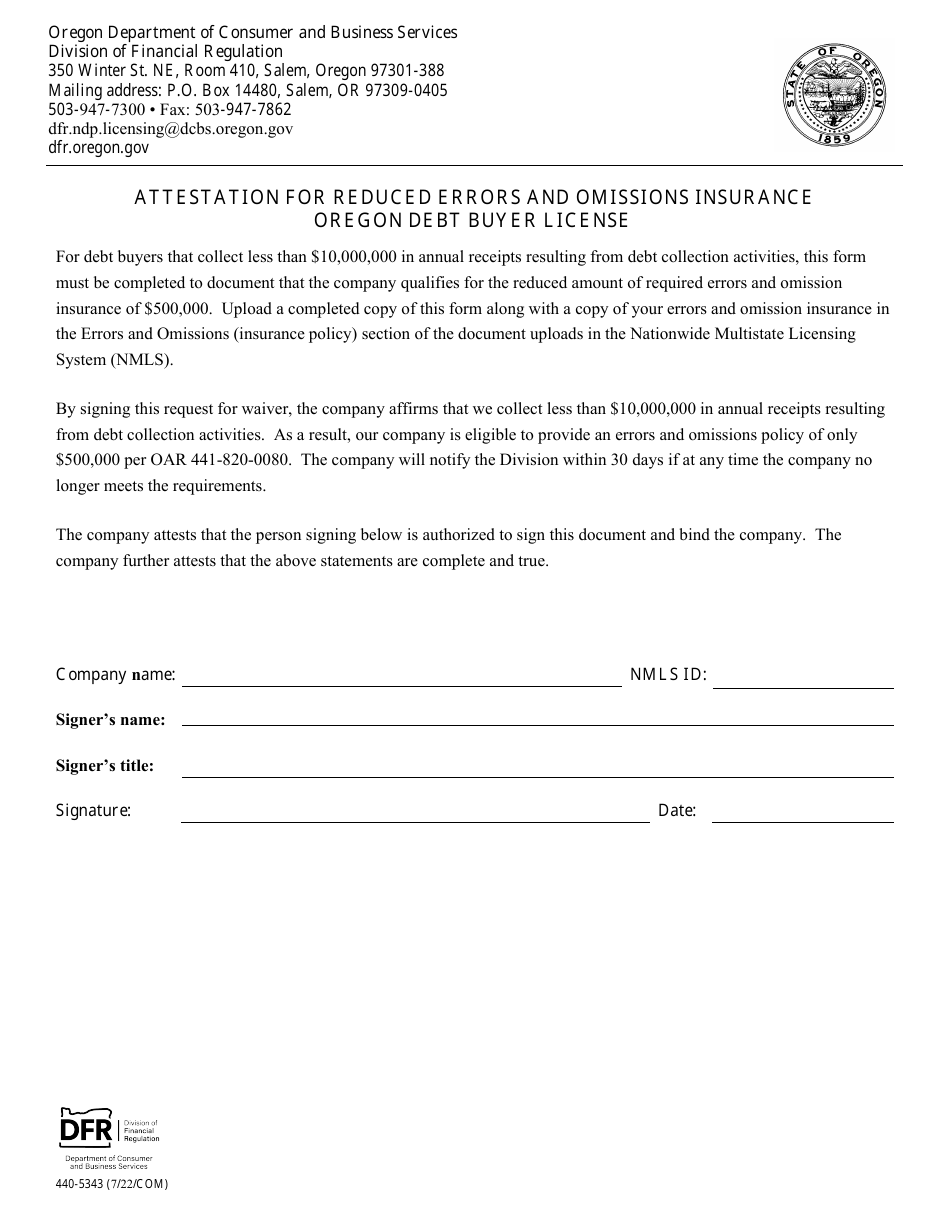 Form 440-5343 Attestation for Reduced Errors and Omissions Insurance Oregon Debt Buyer License - Oregon, Page 1