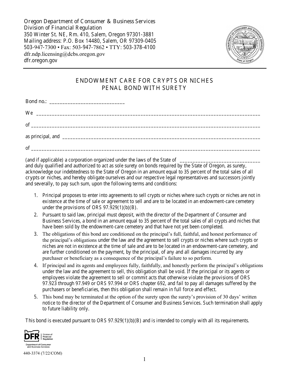 Form 440-3374 Endowment Care for Crypts or Niches Penal Bond With Surety - Oregon, Page 1