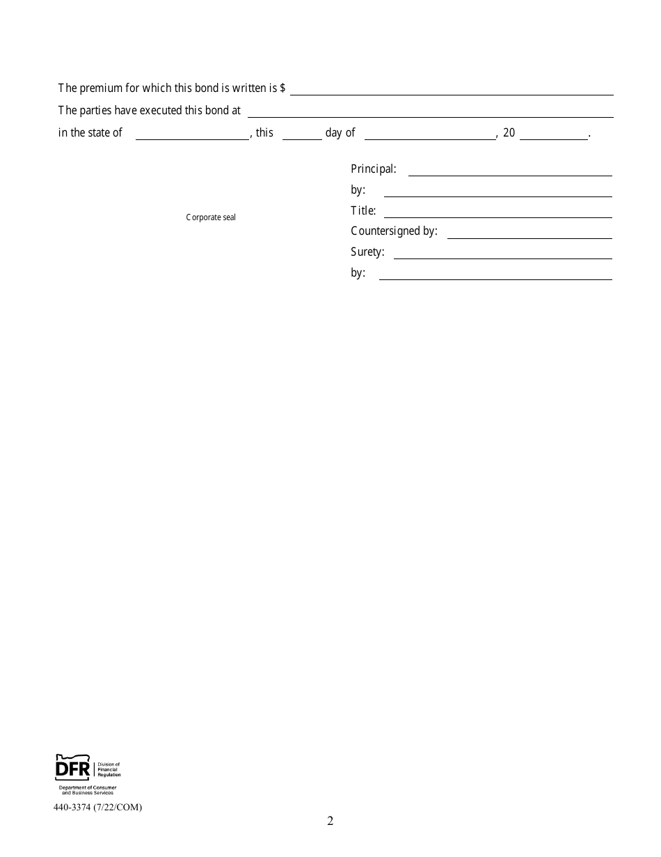 Form 440-3374 Endowment Care for Crypts or Niches Penal Bond With Surety - Oregon, Page 2