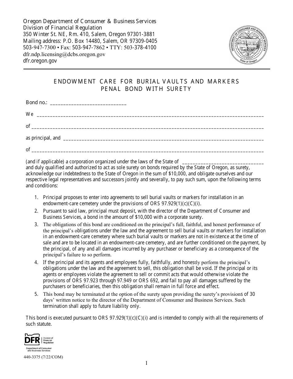 Form 440-3375 Endowment Care for Burial Vaults and Markers Penal Bond With Surety - Oregon, Page 1