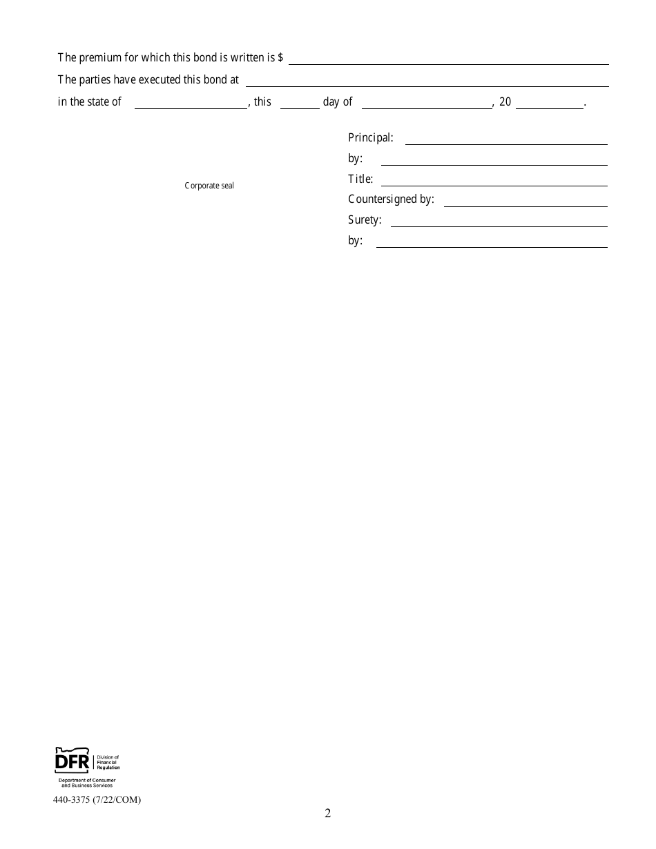 Form 440-3375 Endowment Care for Burial Vaults and Markers Penal Bond With Surety - Oregon, Page 2
