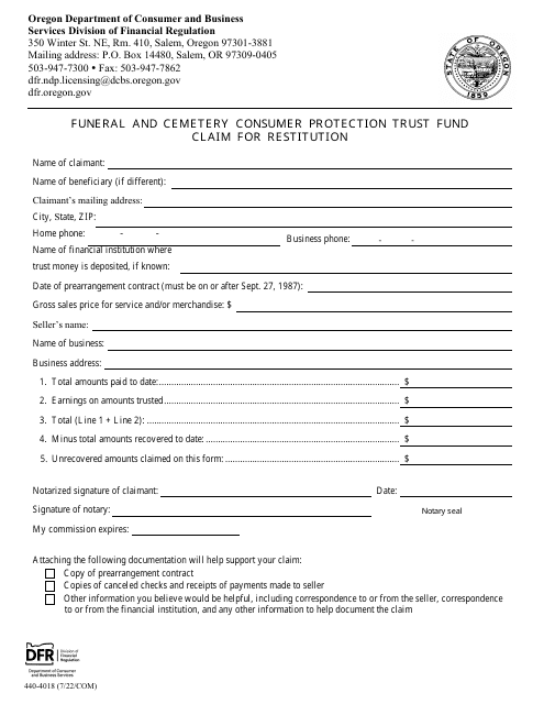 Form 440-4018 Funeral and Cemetery Consumer Protection Trust Fund Claim for Restitution - Oregon