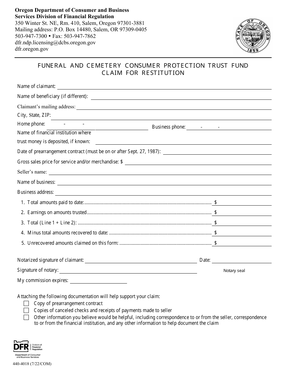 Form 440-4018 Funeral and Cemetery Consumer Protection Trust Fund Claim for Restitution - Oregon, Page 1