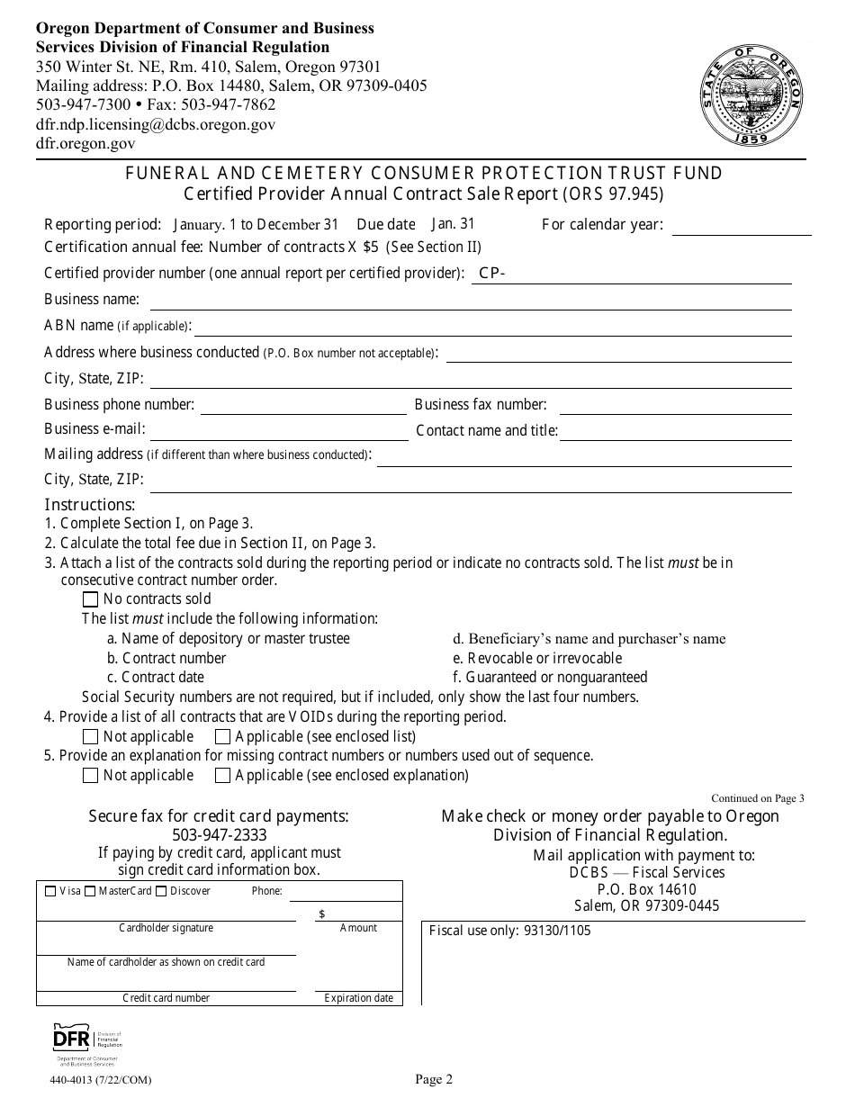Form 440-4013 Funeral and Cemetery Consumer Protection Trust Fund - Certified Provider Annual Contract Sale Report - Oregon, Page 2