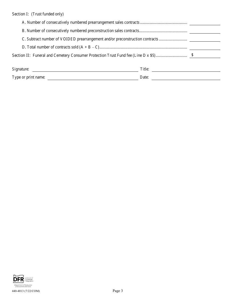 Form 440-4013 Funeral and Cemetery Consumer Protection Trust Fund - Certified Provider Annual Contract Sale Report - Oregon, Page 3