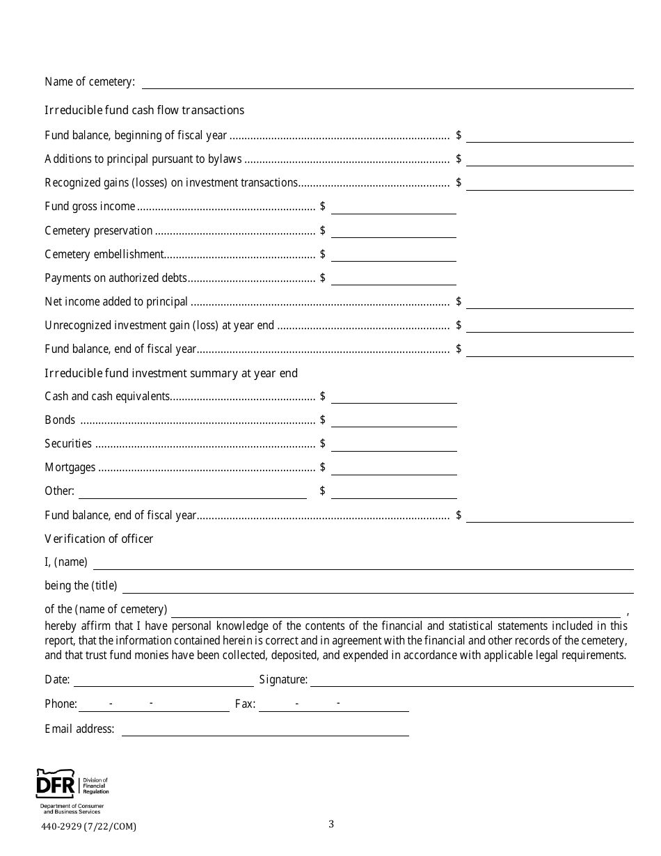 Form 440-2929 Irreducible Fund Cemetery Annual Report - Oregon, Page 3