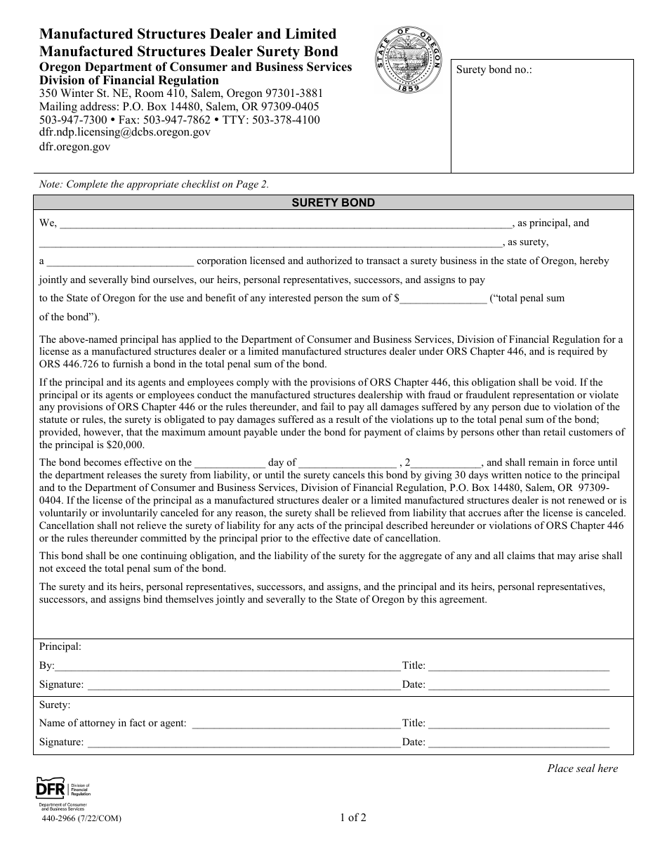 Form 440-2966 Manufactured Structures Dealer and Limited Manufactured Structures Dealer Surety Bon - Oregon, Page 1