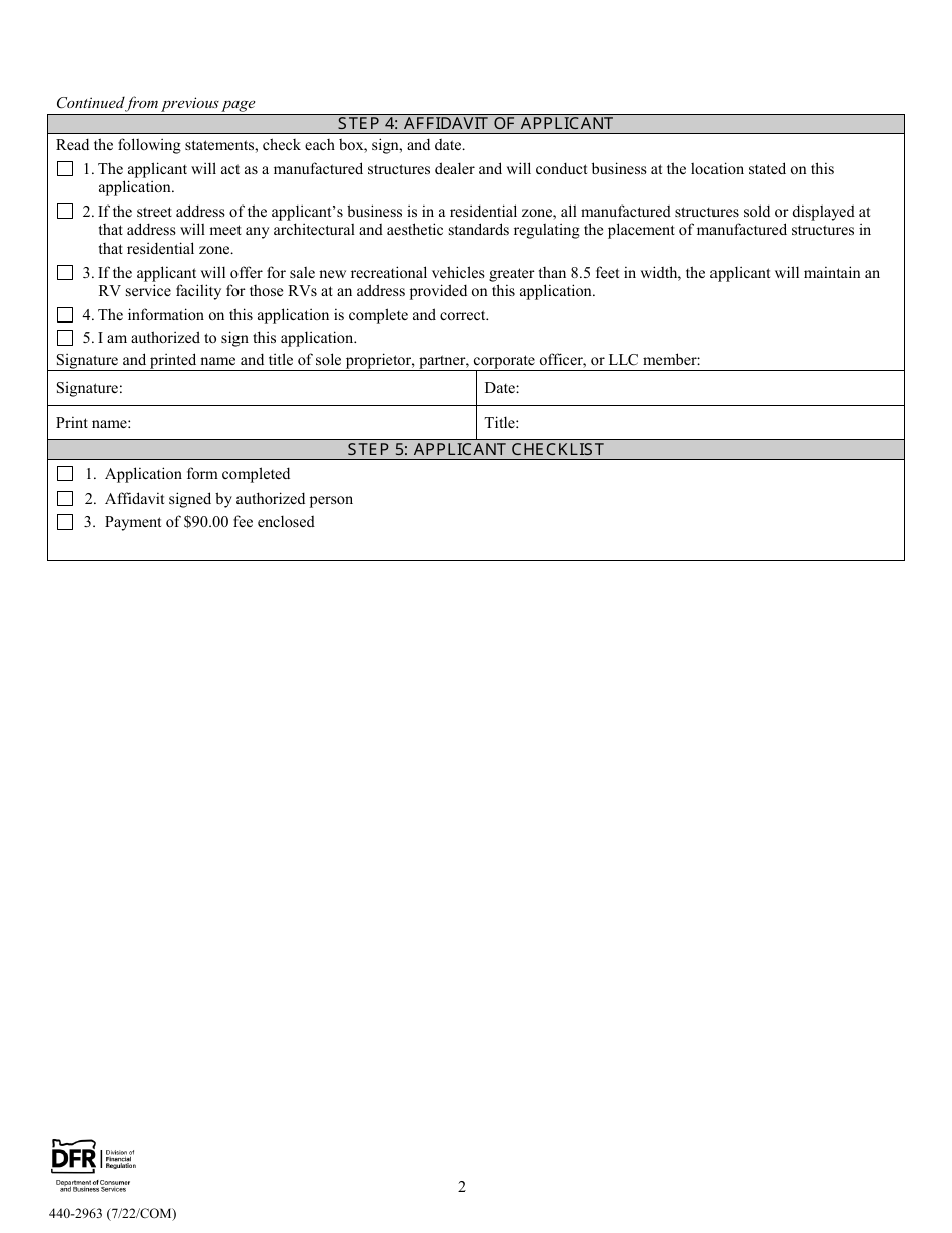 Form 440-2963 Manufactured Structures Dealer Supplemental License Application - Oregon, Page 2