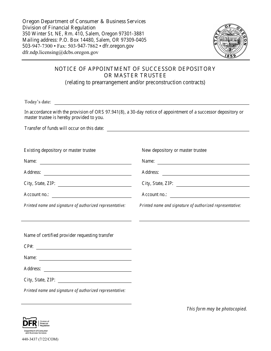 Form 440-3437 Notice of Appointment of Successor Depository or Master Trustee - Oregon, Page 1