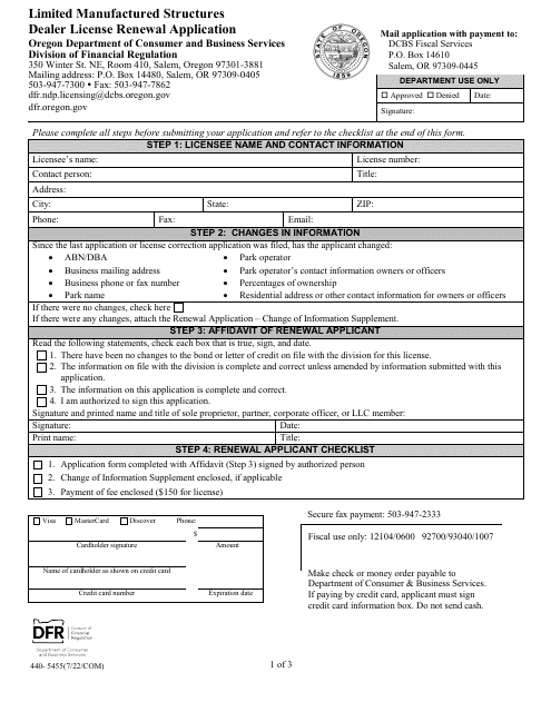Form 440-5455 Limited Manufactured Structures Dealer License Renewal Application - Oregon