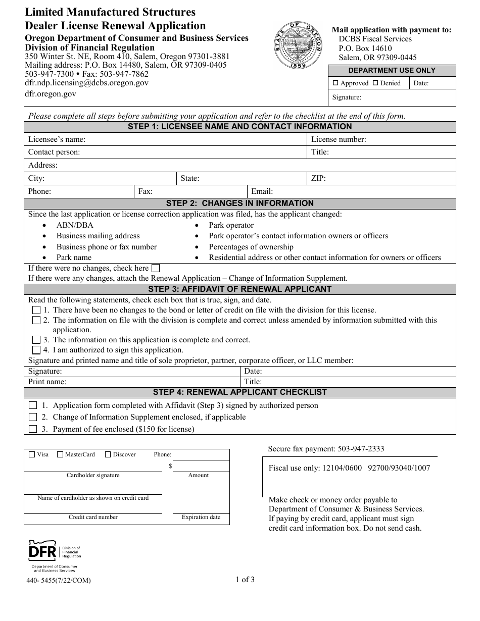 Form 440-5455 Limited Manufactured Structures Dealer License Renewal Application - Oregon, Page 1