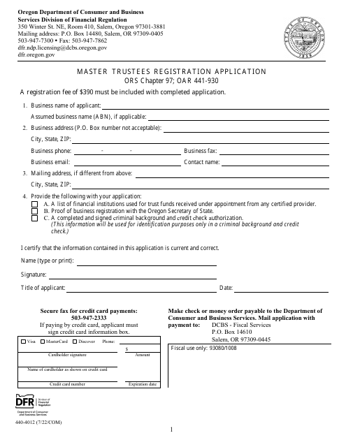 Form 440-4012 Master Trustees Registration Application - Oregon