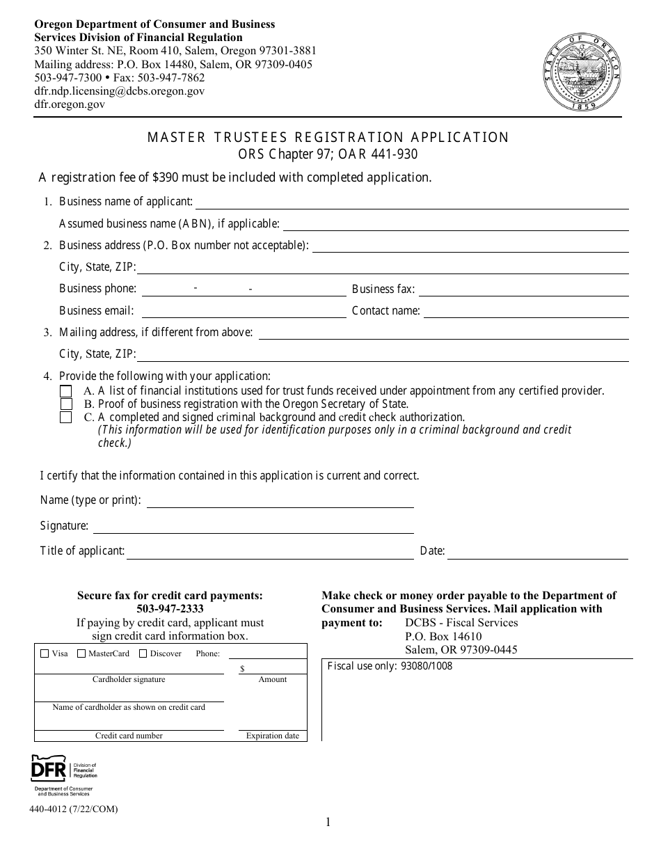 Form 440-4012 Master Trustees Registration Application - Oregon, Page 1