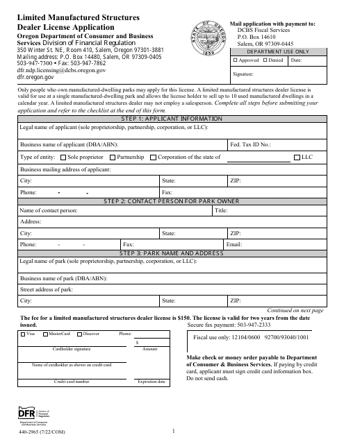 Form 440-2965 Limited Manufactured Structures Dealer License Application - Oregon