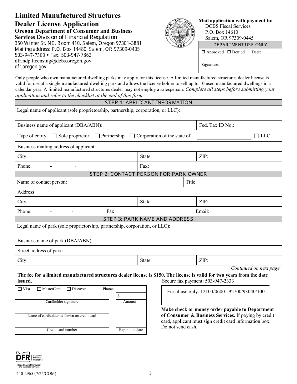 Form 440-2965 Limited Manufactured Structures Dealer License Application - Oregon, Page 1