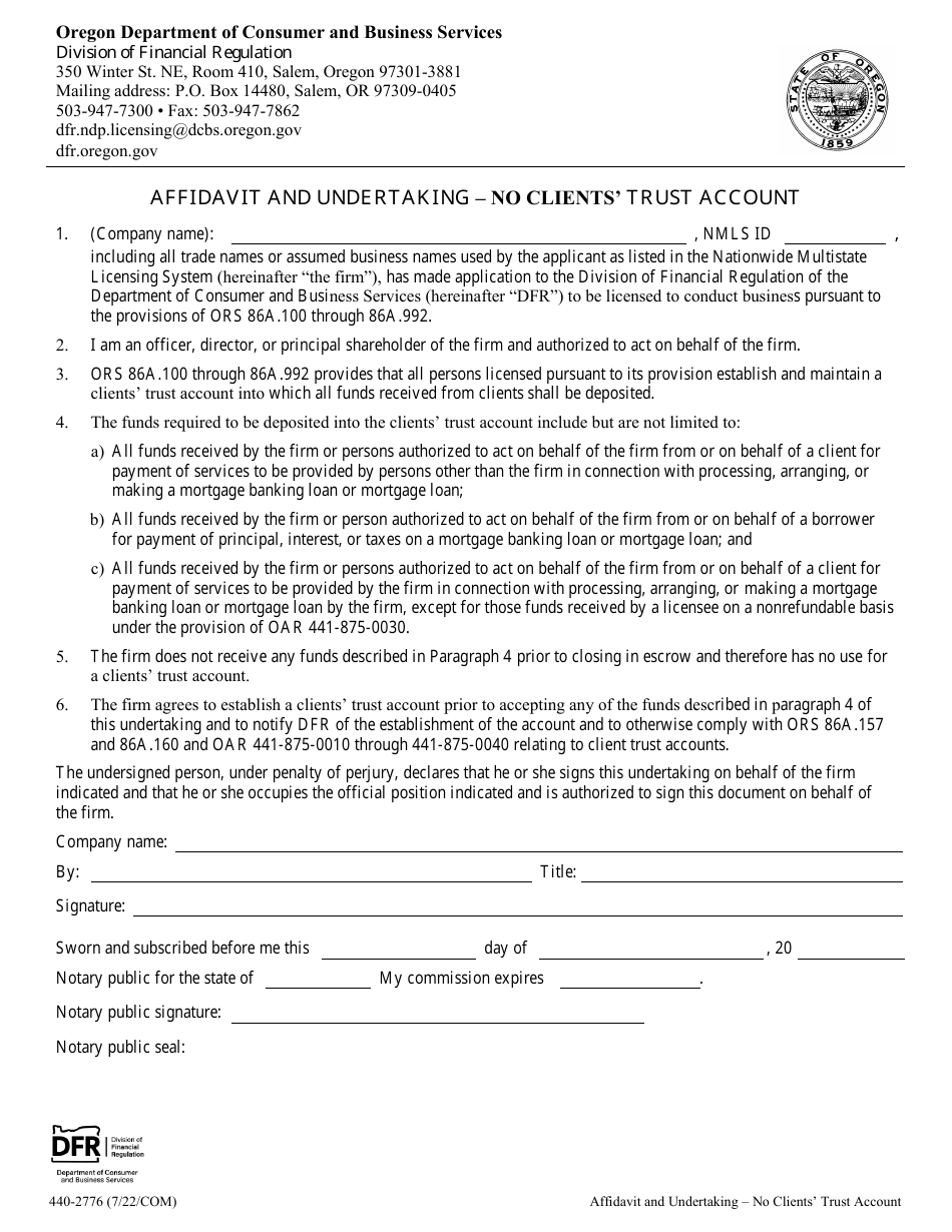 Form 440-2776 Affidavit and Undertaking - No Clients Trust Account - Oregon, Page 1