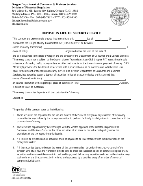 Form 440-4603 Deposit in Lieu of Security Device - Oregon
