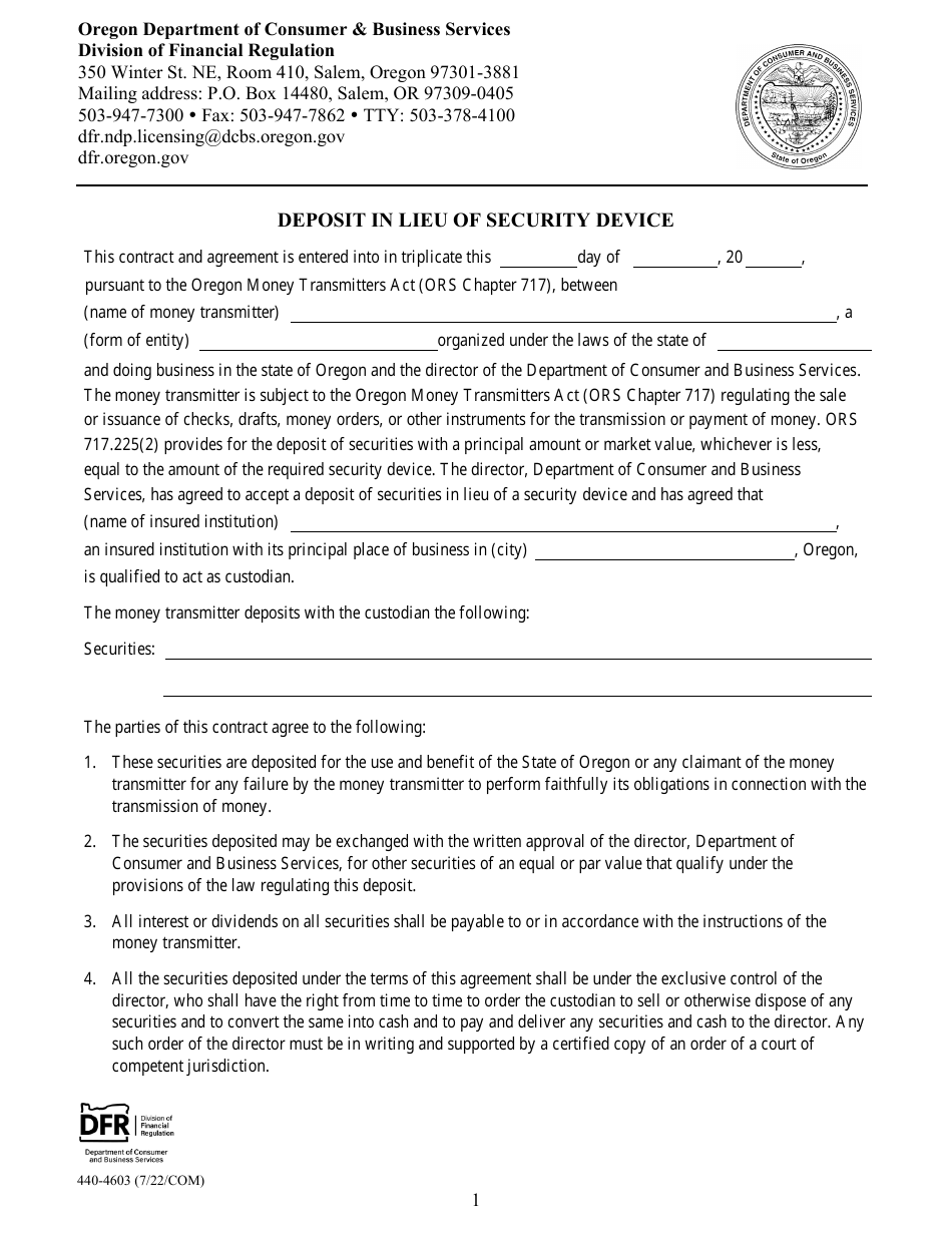 Form 440-4603 Deposit in Lieu of Security Device - Oregon, Page 1