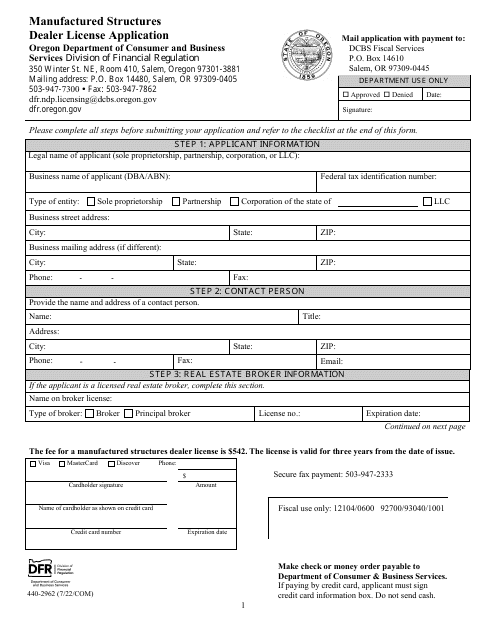 Form 440-2962 Manufactured Structures Dealer License Application - Oregon