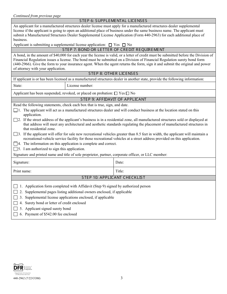 Form 440-2962 Manufactured Structures Dealer License Application - Oregon, Page 3