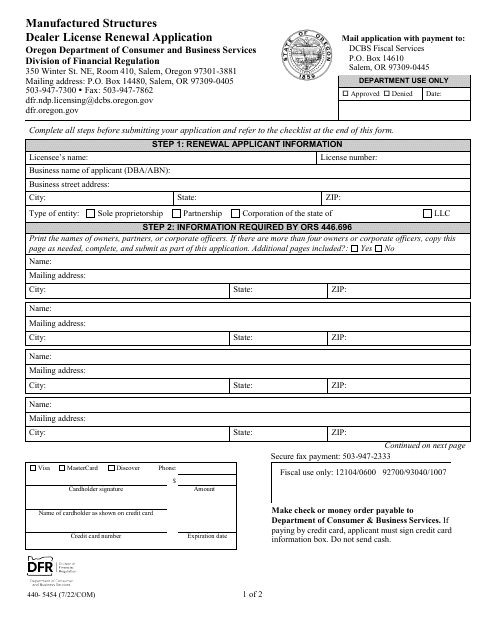 Form 440-5454 Manufactured Structures Dealer License Renewal Application - Oregon