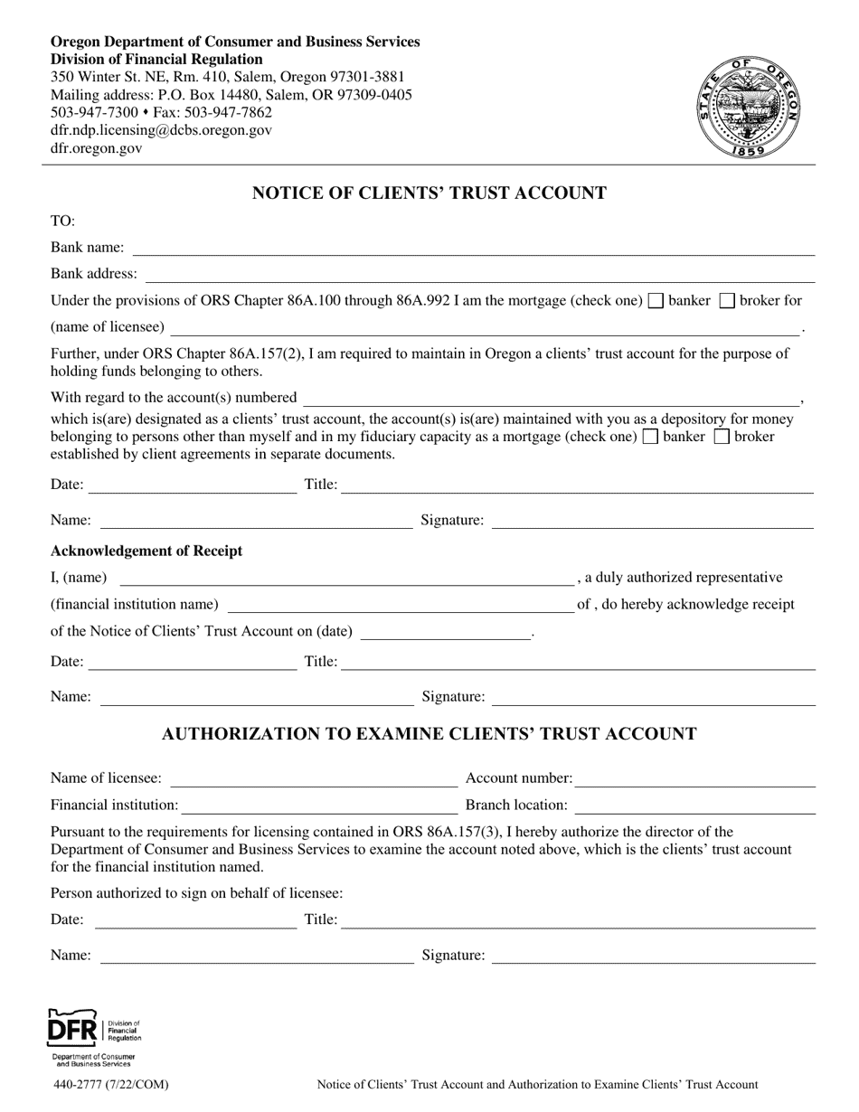 Form 440-2777 Notice of Clients Trust Account and Authorization to Examine - Oregon, Page 1