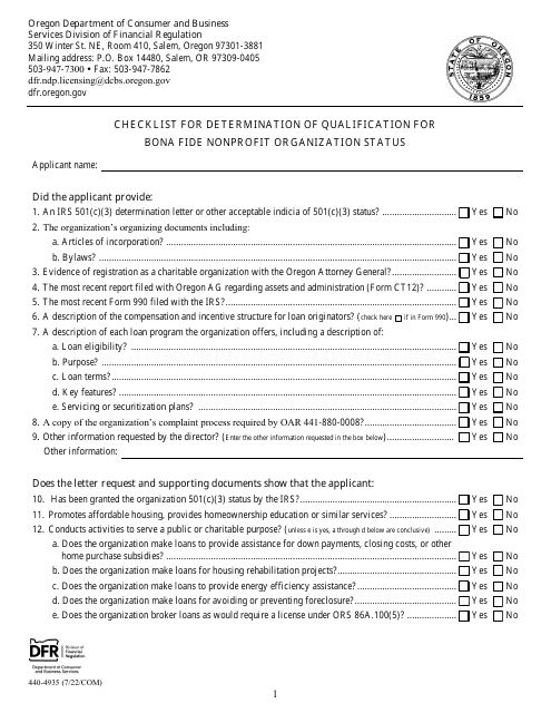 Form 440-4935 Checklist for Determination of Qualification for Bona Fide Nonprofit Organization Status - Oregon