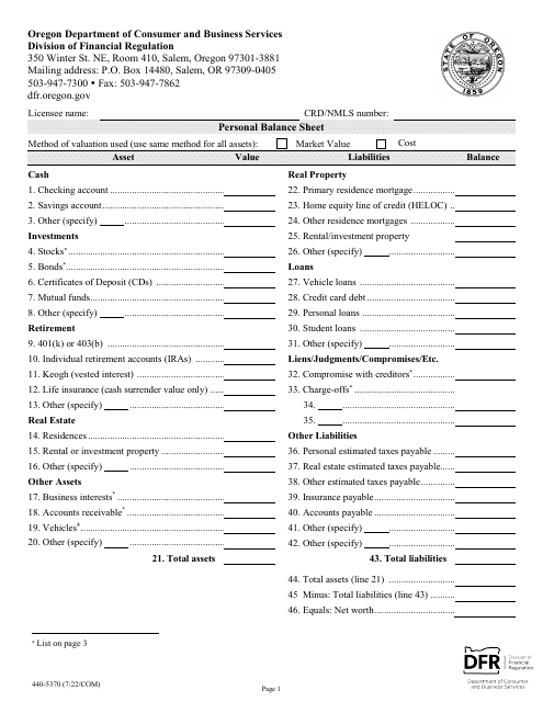 Form 440-5370 Personal Balance Sheet - Oregon