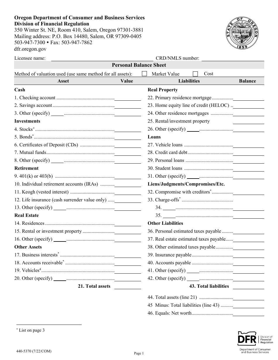 Form 440-5370 Personal Balance Sheet - Oregon, Page 1