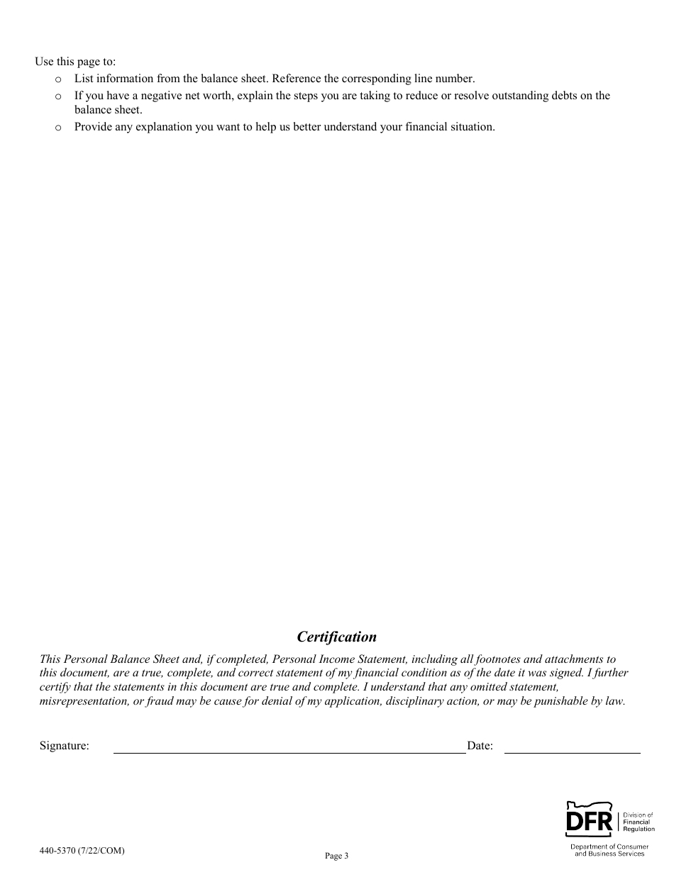 Form 440-5370 Personal Balance Sheet - Oregon, Page 3