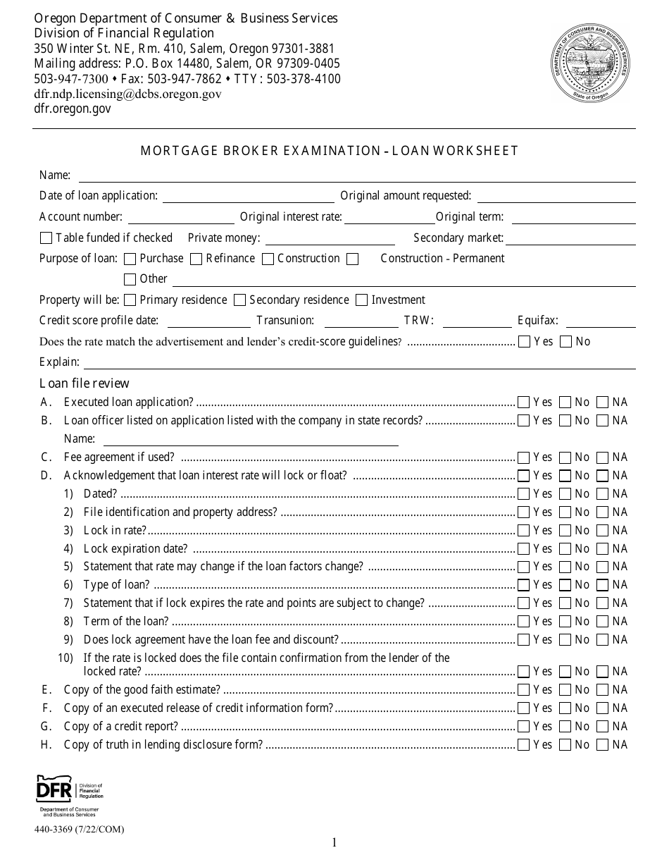 Form 440-3369 Mortgage Broker Examination - Loan Worksheet - Oregon, Page 1