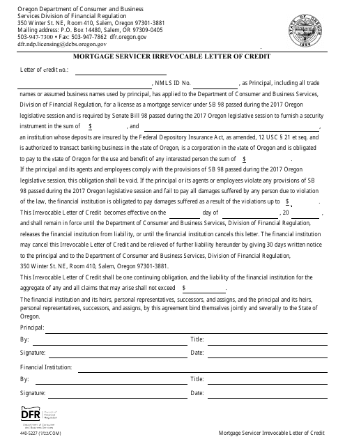 Form 440-5227 Mortgage Servicer Irrevocable Letter of Credit - Oregon