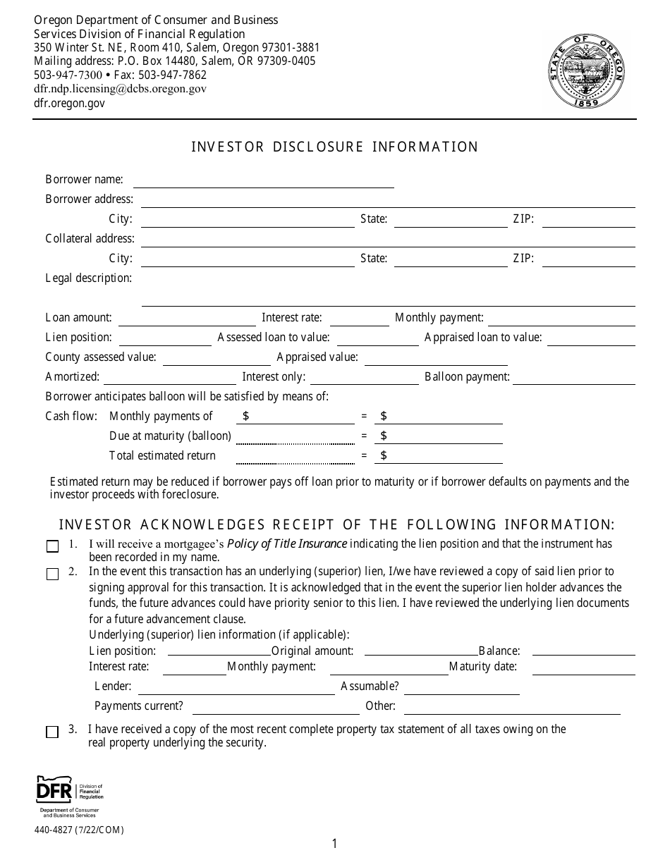 Form 440-4827 Investor Disclosure Information - Oregon, Page 1