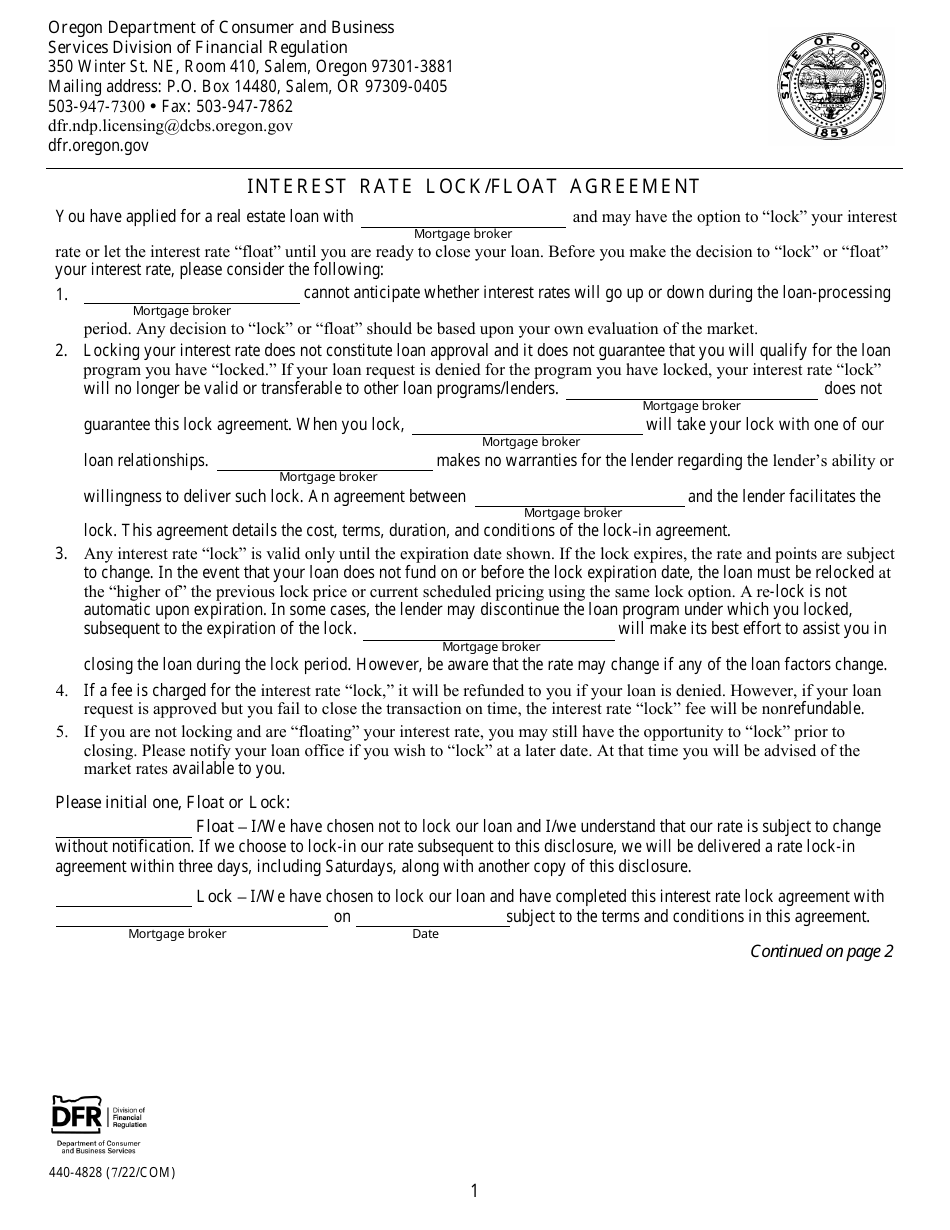 Form 440-4828 Interest Rate Lock / Float Agreement - Oregon, Page 1