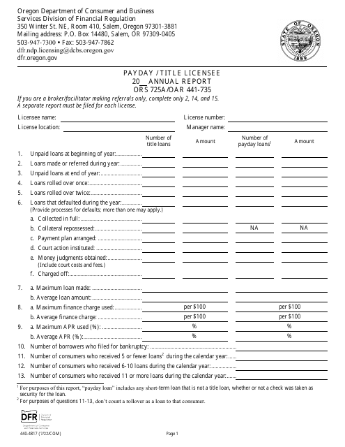 Form 440-4817 Payday/Title Licensee Annual Report - Oregon