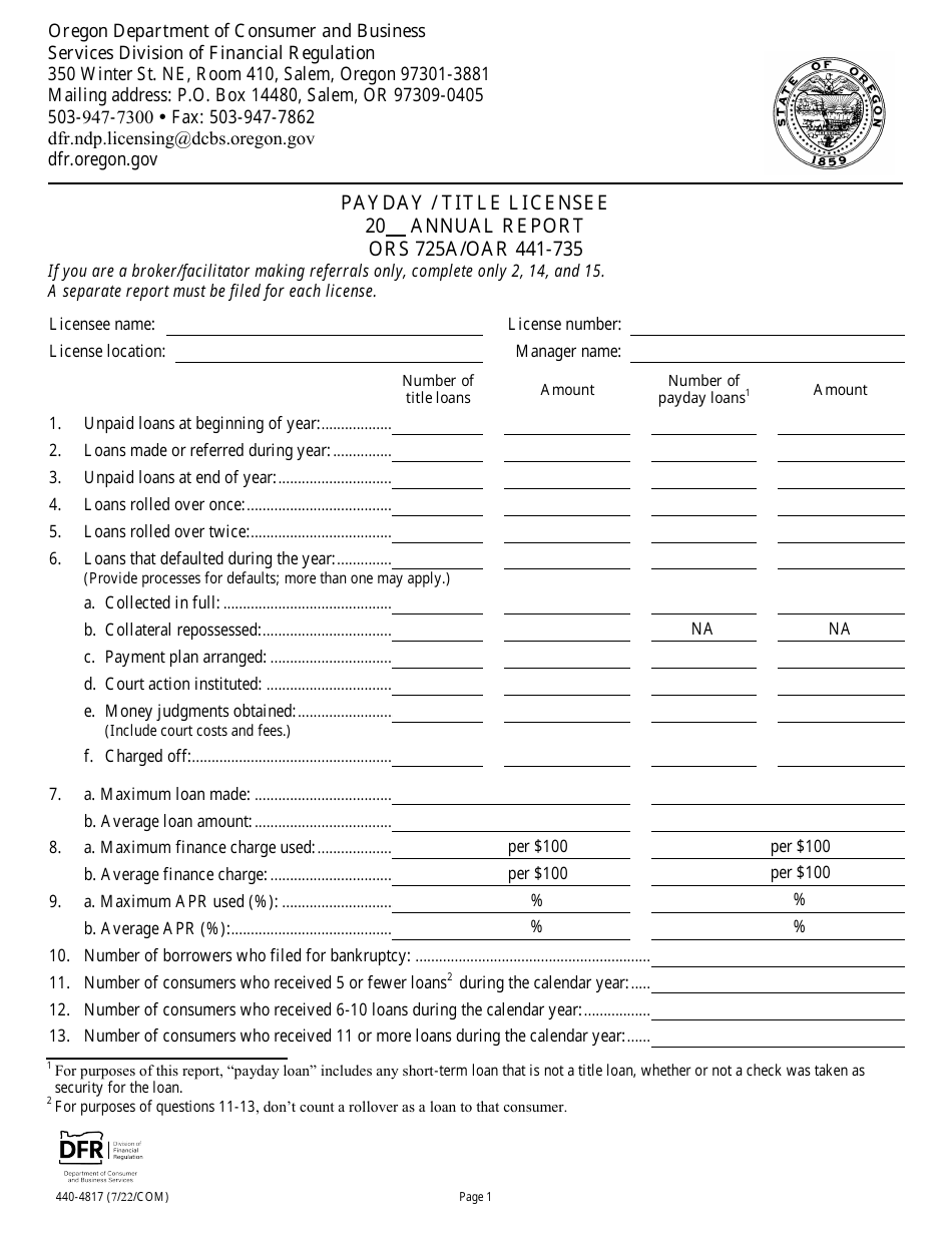 Form 440-4817 Payday / Title Licensee Annual Report - Oregon, Page 1
