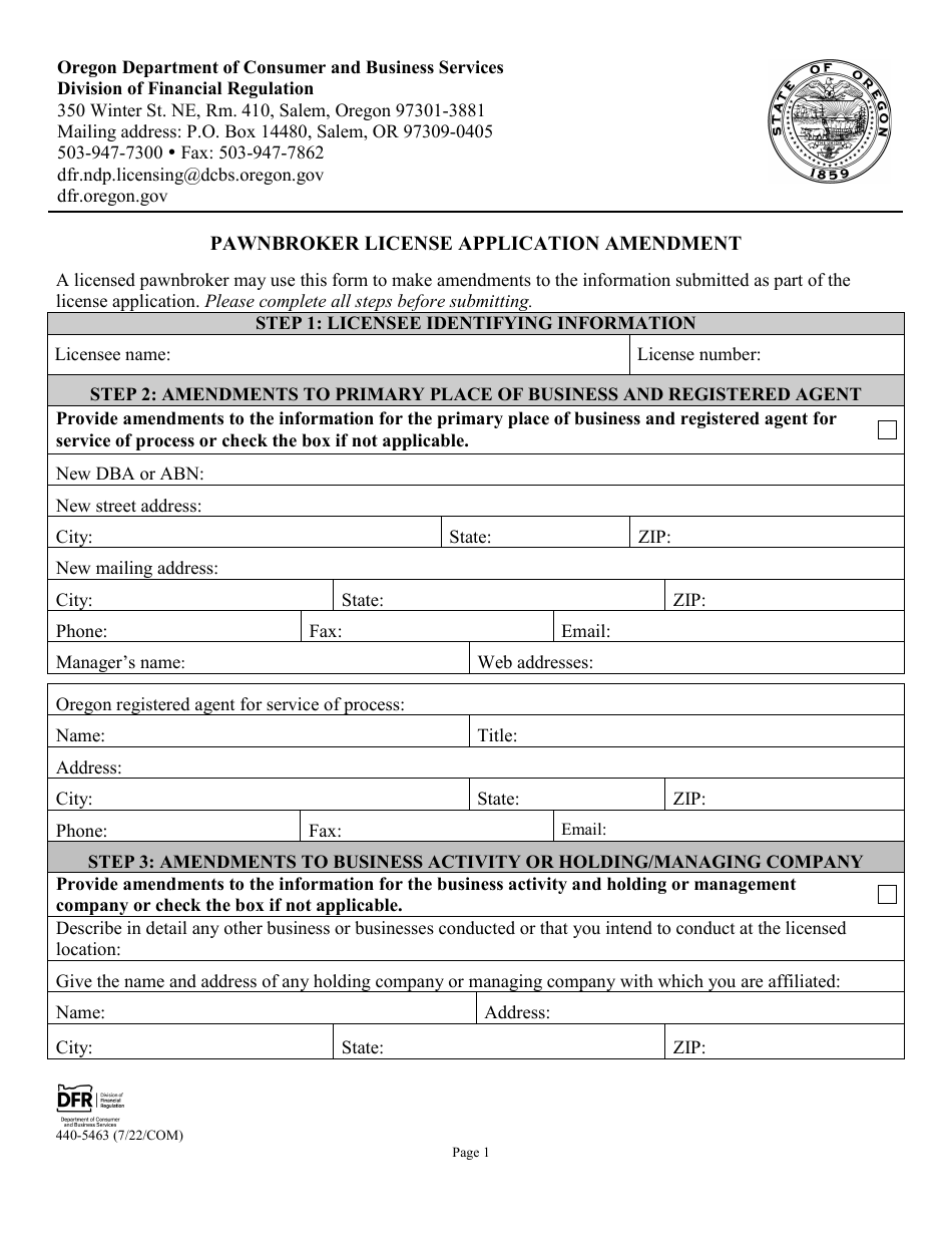Form 440-5463 Pawnbroker License Application Amendment - Oregon, Page 1
